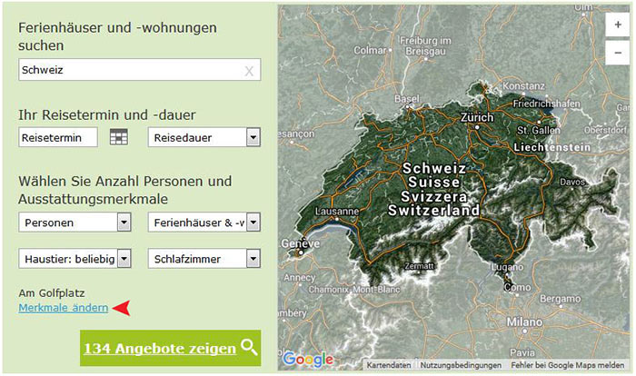 Ferienhäuser für Golfurlaub in der Schweiz - Übersicht Merkmale